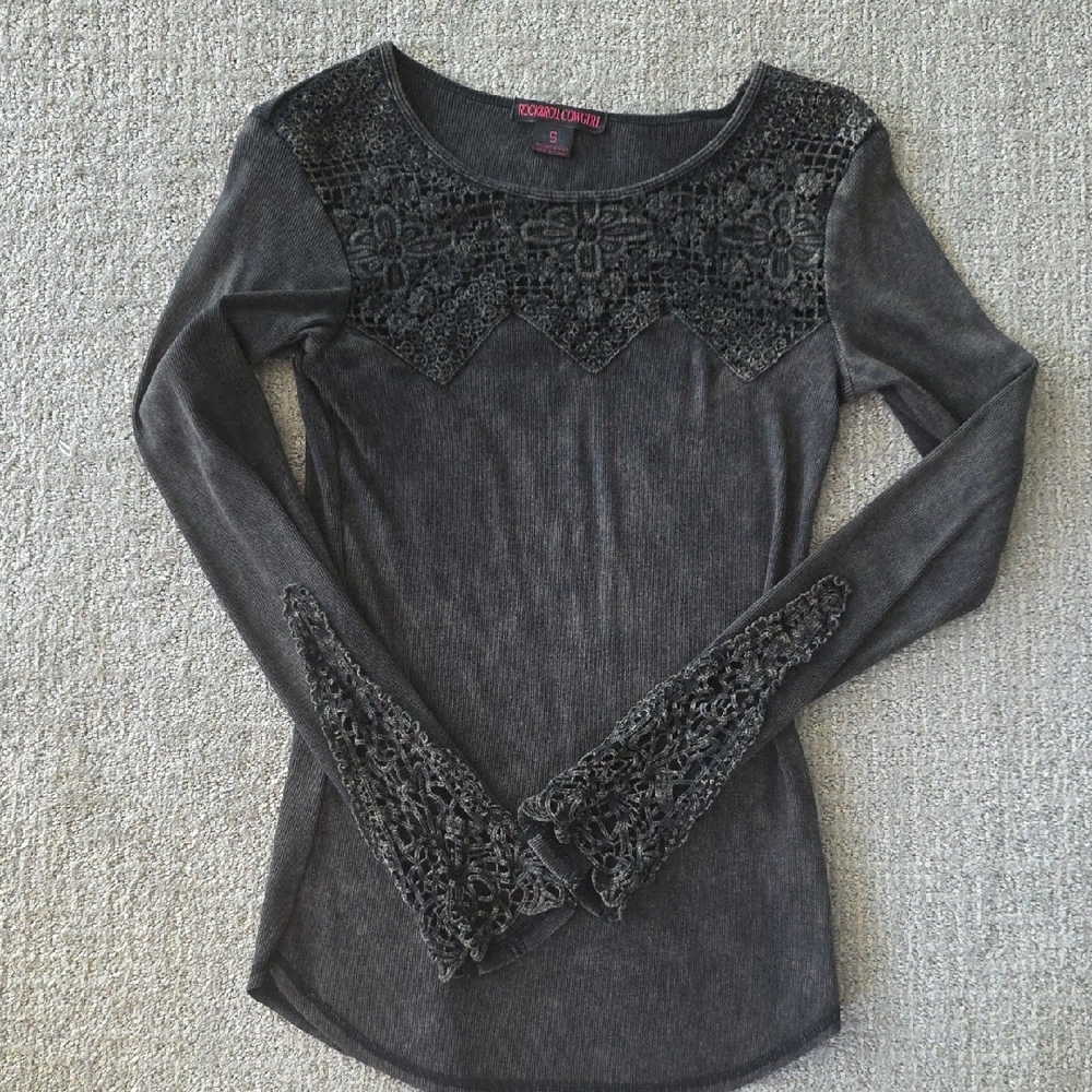 Rock & Roll Cowgirl Brown Black Lace Accent Shirt